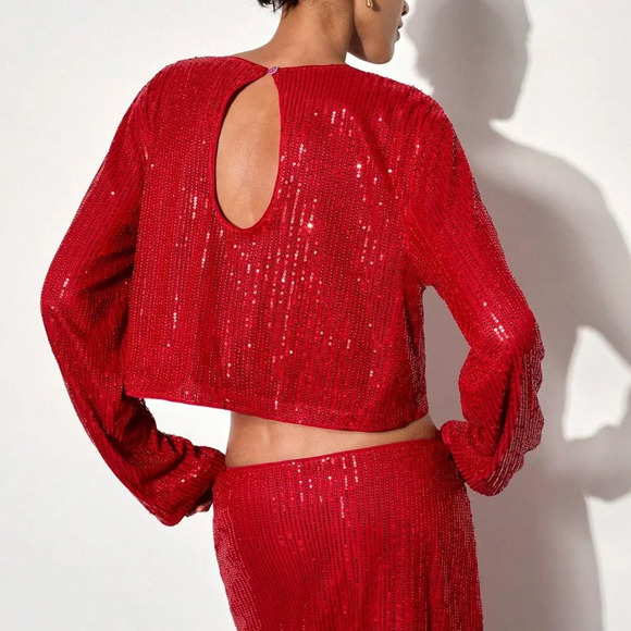 Red Party Women's Elegant Sparkling Sequin Side Slit Dress Set - Picture 2 of 6